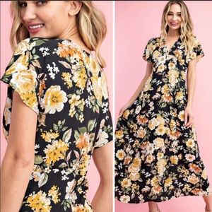 🌼YELLOW MULTI-FLORAL PRINT MIDI LGTH SUMMER DRESS